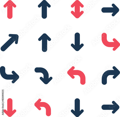 Colorful arrow grid illustration, red and blue directional symbols, navigation icon set, abstract design pattern, graphic element for instruction visuals