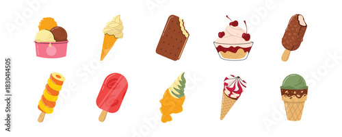 Collection of Ice Cream Desserts, Popsicles, Cones, and Sundaes. Ice Cream Treats Collection, Ice Cream Vector Set
