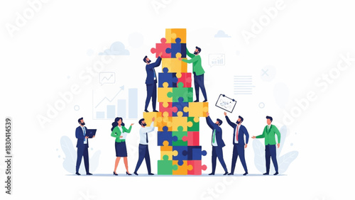 Illustration of a diverse group of people collaborating to build a large puzzle tower with colorful pieces on a white background with a professional and teamwork mood.