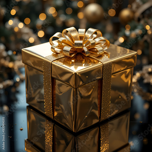 Luxury Golden Gift Box with Ribbon for Holiday Celebration