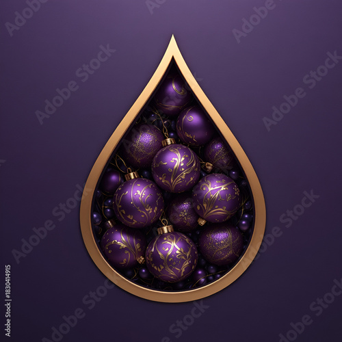 Purple Holiday Ornaments Arranged in Teardrop Shape on Dark Background
