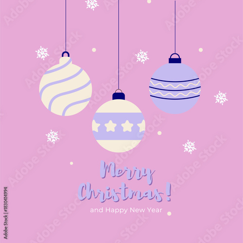 Christmas card with holidays decoration. Christmas snowflakes with hanging balls . Merry Christmas and Happy New Year background .