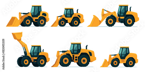Construction vehicles, bulldozers, excavators, flat vector illustration