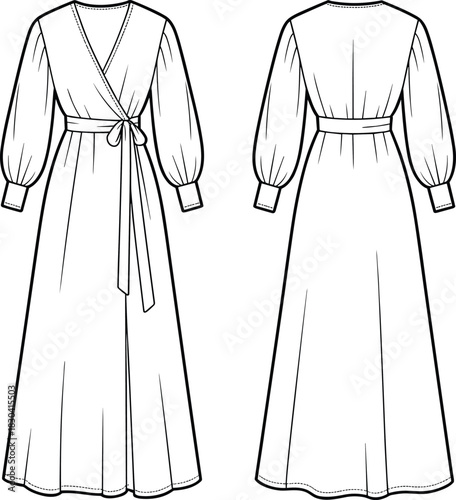 Elegant long sleeve wrap dress technical flat sketch with waist tie detail, fashion design illustration front and back view