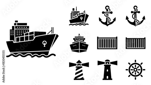 Nautical coat of arms vector illustration featuring a black ship silhouette isolated on white background