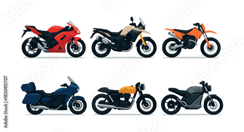 Motorcycle collection, bikes, scooters, flat vector illustration