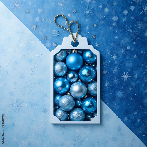 Blue Christmas Ornaments Festive Baubles Arranged in Gift Tag Frame on Winter Background
