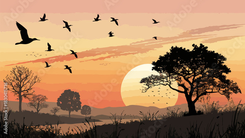 Peaceful sunset landscape with birds flying over trees, bringing the serene African savanna to life