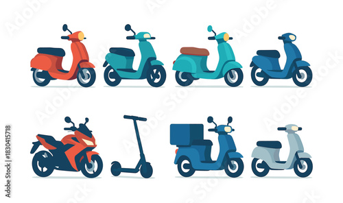 Scooter and moped collection, flat vector illustration, motorbike, e-scooter design
