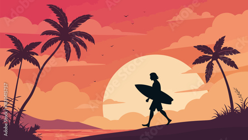 Silhouette of surfer walking on beach with surfboard at sunset near palm trees tropical vibes