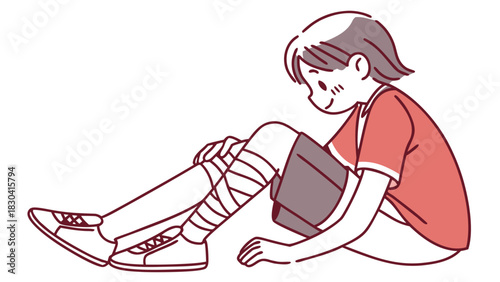 An anime-style illustration of a young athlete sitting down and looking at their bandaged leg after a sports injury.