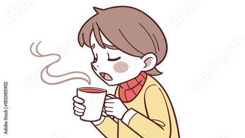A person holding a steaming mug of a hot beverage, looking unwell or cold.