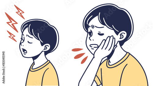 Illustration of a child experiencing a headache and toothache, showcasing common childhood ailments.