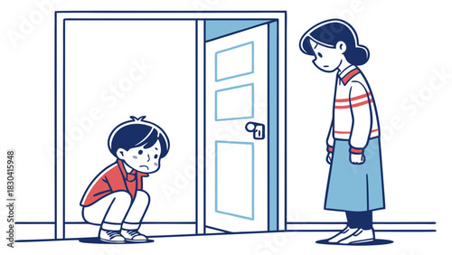 A concerned mother looks down at her child, who is crouching near an open door.