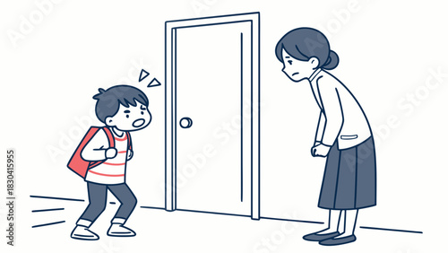 Boy with backpack looking worried before leaving home, talking to his mother.