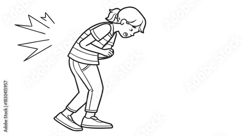 A black and white line drawing of a young girl suffering from a stomach ache, bent over in pain.