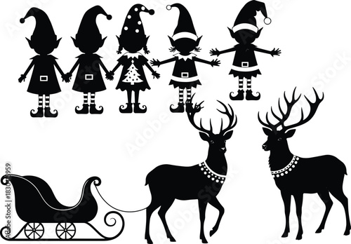 Christmas silhouette bundle, festive elves holding hands, reindeer with sleigh, holiday characters, Santa helpers, winter celebration icons, black vector design
