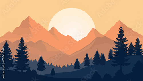 Serene mountain landscape with trees at sunset, inviting and calming nature escape illustration