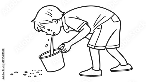 A young boy is bent over a bucket, vomiting small objects into it.