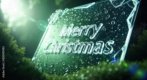Merry Christmas text on a glass plaque with water drops. Festive holiday background with dramatic green lighting and fir branches