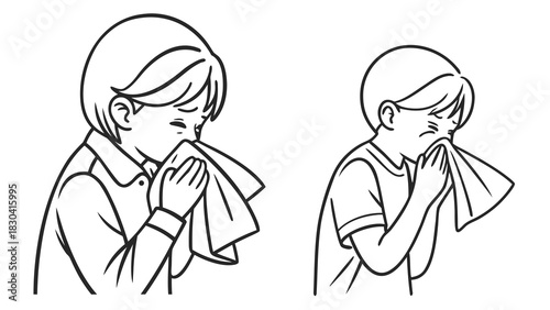 Two people, a child and an adult, are depicted blowing their noses with tissues, showing signs of illness.