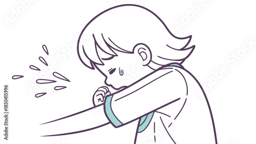 Illustration of a young child properly coughing into their elbow to prevent the spread of germs.