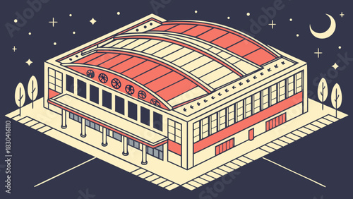 Isometric illustration of a large, modern sports arena at night with a crescent moon and stars in the sky.