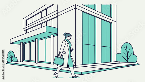 A professional woman in a lab coat walks purposefully outside a modern building with large windows.