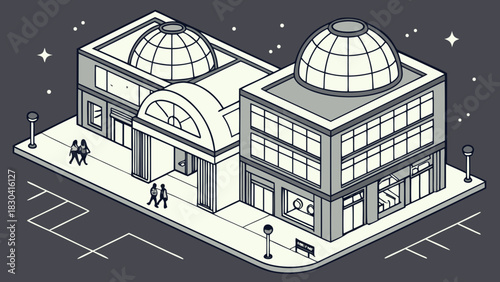 Isometric illustration of a modern building with two dome-shaped roofs, featuring shops and people.