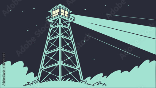 Animated illustration of a skeletal lighthouse tower shining a beam of light across a starry night sky.