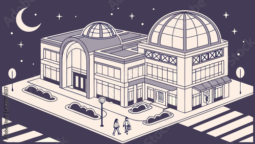 Isometric illustration of a shopping mall at night with people walking.