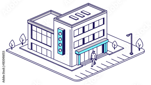 Isometric line art illustration depicting a modern commercial building with multiple floors, large windows, a prominent entrance, and a person walking on the sidewalk.