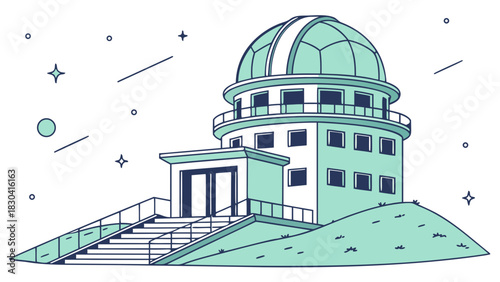 An illustration of an astronomical observatory on a hill against a starry night sky with planets and meteors.
