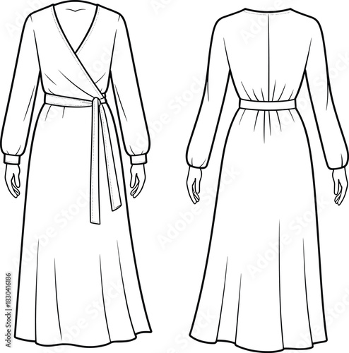Elegant long-sleeve wrap dress fashion flat, front and back technical sketch with belt tie detailing, garment outline vector illustration
