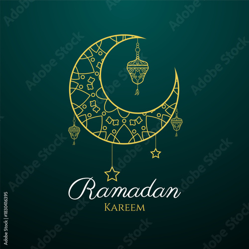 ramadan kareem with Crescent moon, lanterns and stars.