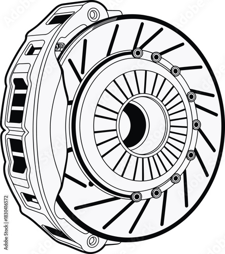 Clutch assembly drawing, automotive component vector, mechanical part illustration, industrial machinery design, engineering graphic