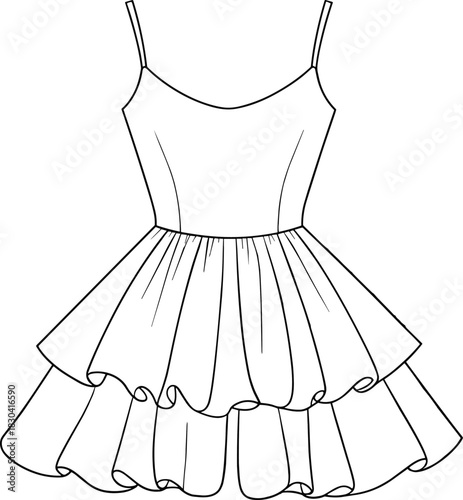 Elegant tiered ruffle mini dress fashion flat with fitted bodice, spaghetti straps, gathered layers, feminine silhouette, stylish garment design illustration
