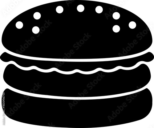 Burger fast food icon in black flat style featuring sandwich, hamburger, cheeseburger, snack, meal, cuisine, deli, and food related synonym elements for restaurant branding and menu design