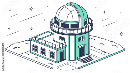 An isometric illustration of a modern observatory building with a dome and telescope, set against a starry night sky.