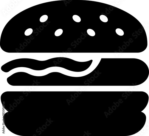 Burger fast food icon in black flat style featuring sandwich, hamburger, cheeseburger, snack, meal, cuisine, deli, and food related synonym elements for restaurant branding and menu design