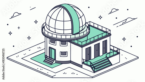Isometric illustration of a modern observatory building with a large dome and teal accents under a starry sky.