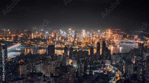 Wallpaper Mural Chongqing Night Skyline Aerial View with Golden City Lights and River Reflections, China Urban Landscape Time Lapse Scene Torontodigital.ca