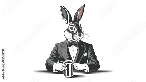Anthropomorphic rabbit character wearing a formal tuxedo and bow tie holding a coffee cup in a vintage sketch style