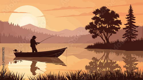Serene fishing trip at sunset lake with silhouette trees, nature illustration, vector art