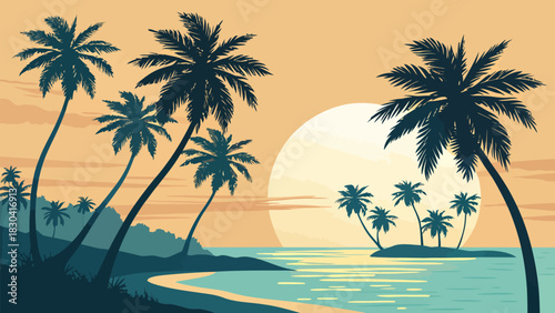 Dreamy island sunset scene with swaying palm trees, perfect for tropical vacations and summer getaways