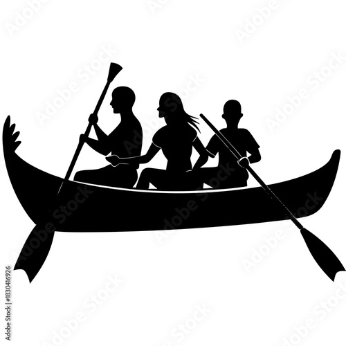 Three people paddling a canoe together on a white background