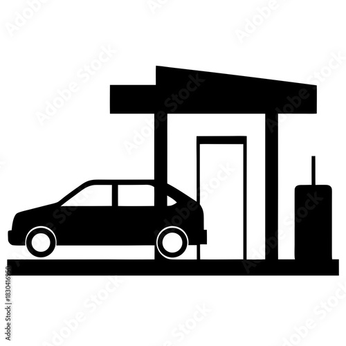 Black silhouette of a car at a gas station with a pump