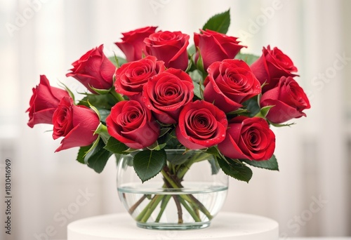 Wallpaper Mural Vibrant red rose bouquet arranged in a clear glass vase on a light background Torontodigital.ca