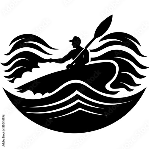 Kayaker paddling through stylized waves and water splashes