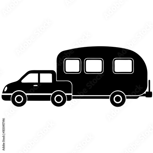 Black silhouette of a car towing a travel trailer on a white background
